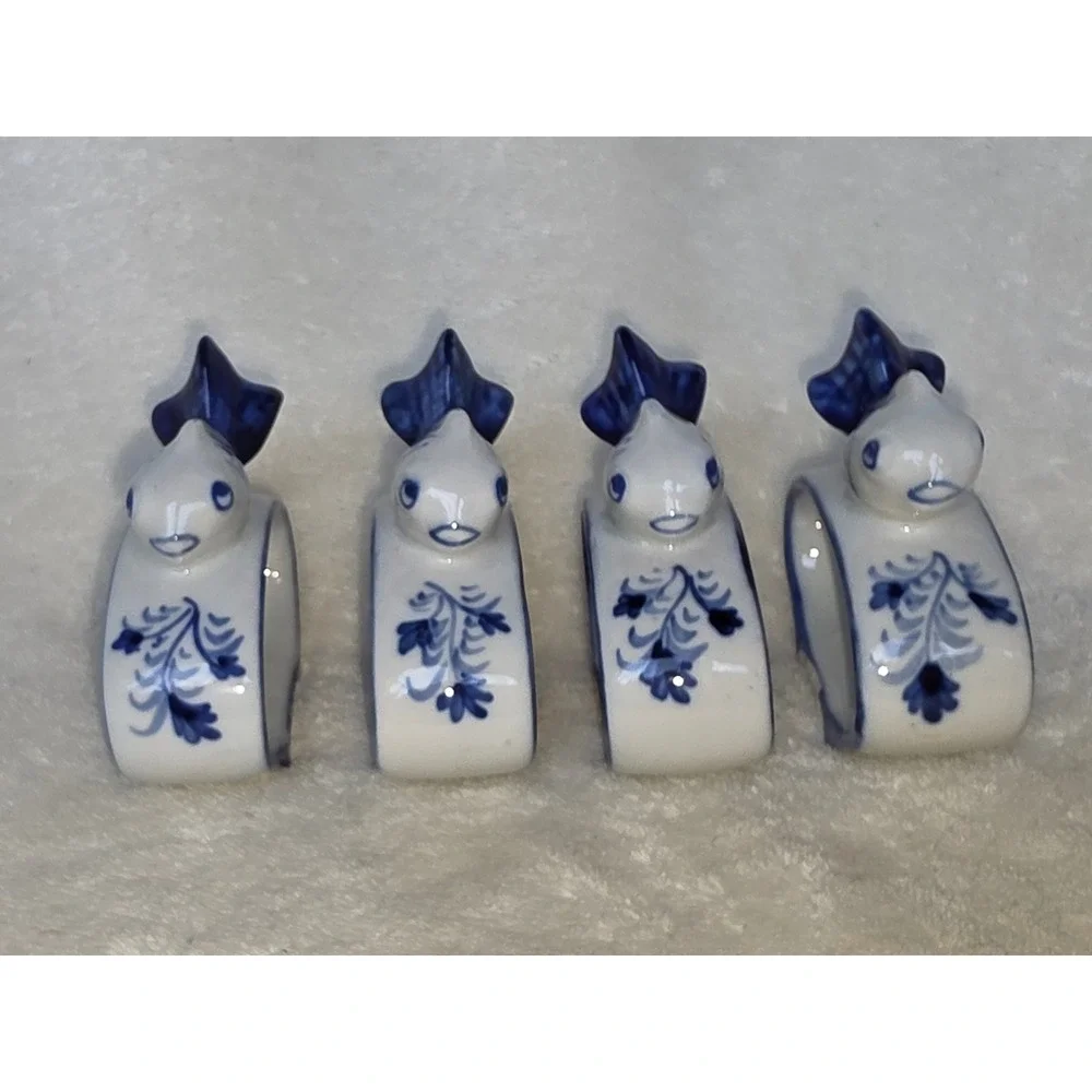 Vintage Blue and White Ceramic Fish Napkin Rings Set of 4 Thailand Coastal Decor